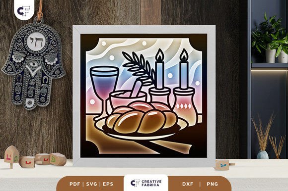 Challah with Wine and Candles 3D SVG